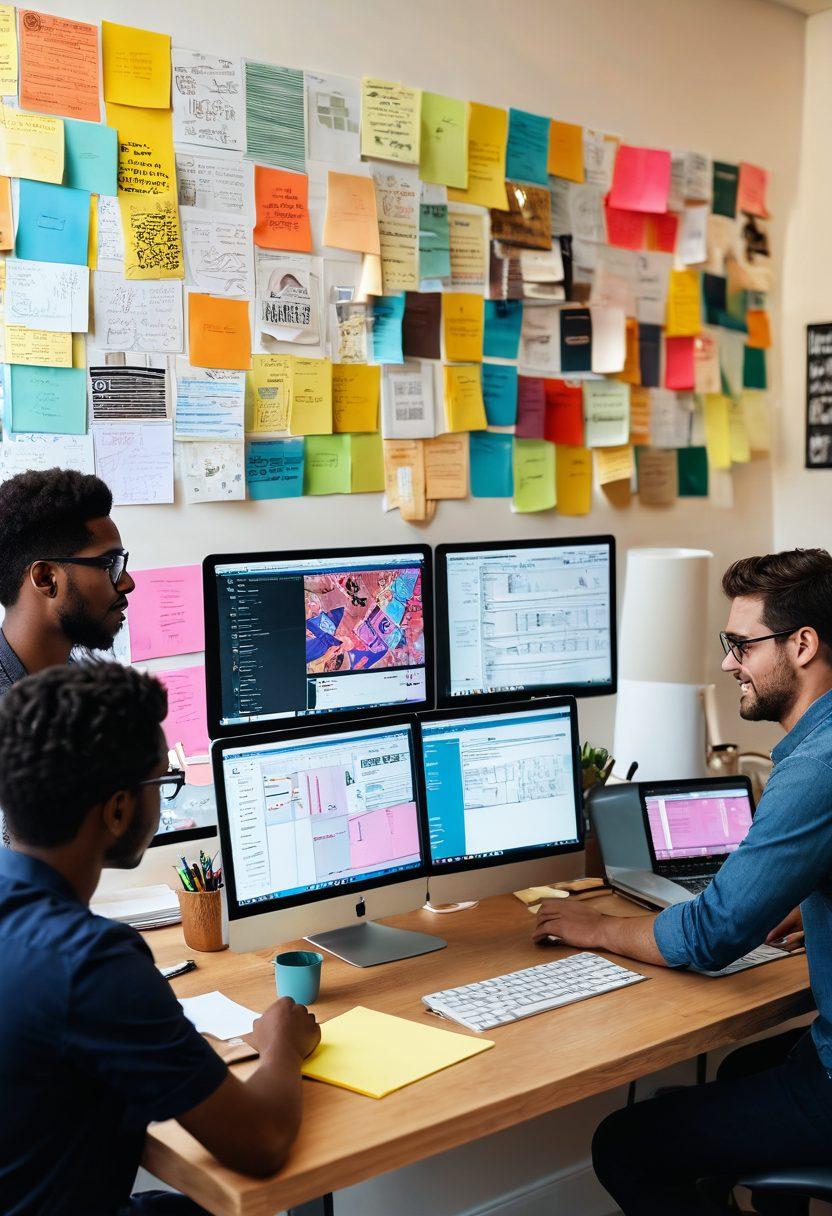 A creative workspace featuring a computer with a vibrant design layout on the screen, surrounded by sticky notes, sketches, and color palettes. In the background, a team of diverse individuals collaborates, exchanging ideas with enthusiasm. Incorporate elements representing coding, creativity, and digital tools, highlighting the journey of blog design and development. The atmosphere should exude inspiration and innovation. super-realistic. vibrant colors. 3D.