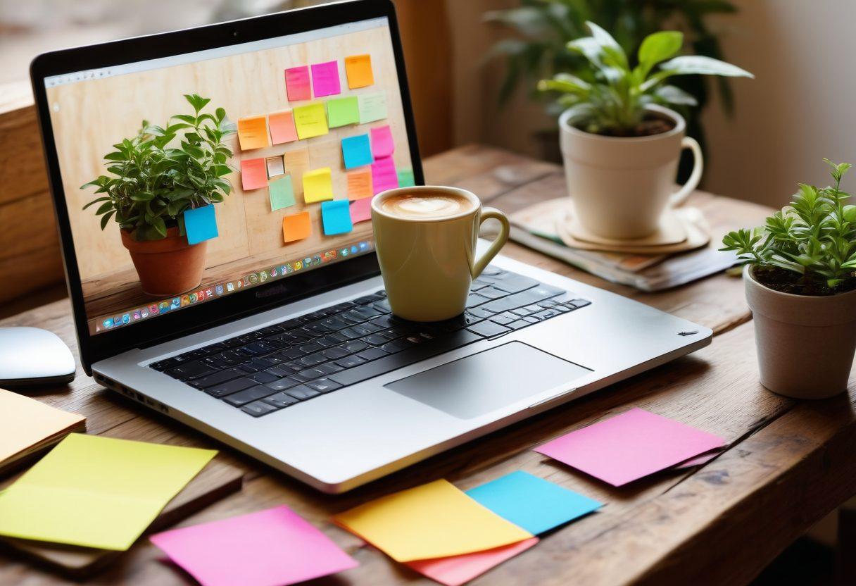 An open laptop on a rustic wooden table, surrounded by colorful sticky notes, a steaming coffee cup, and a small potted plant, symbolizing creativity and community. A digital wave of sound emanating from the laptop, representing the voice of bloggers, while diverse silhouettes of people connect around the laptop, showcasing connection and engagement. soft focus, warm tones, cozy atmosphere.