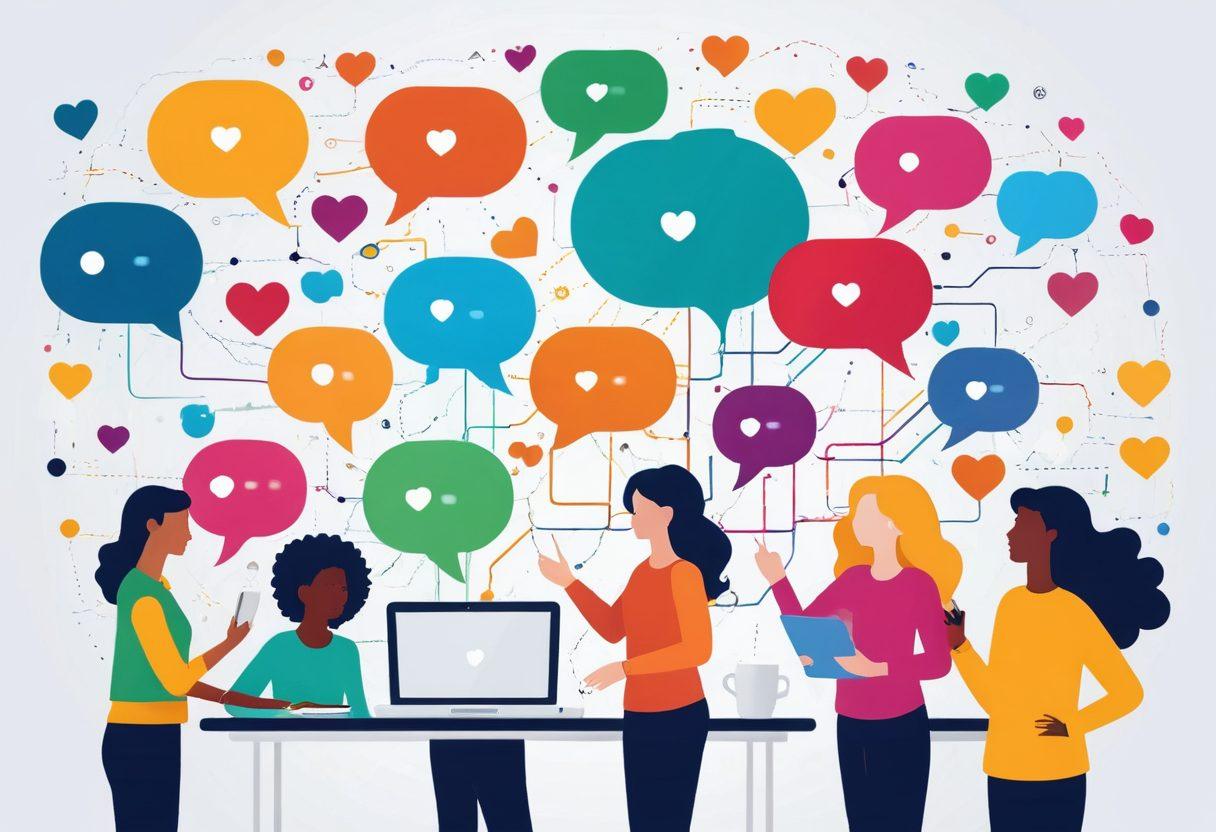 A vibrant digital landscape featuring diverse individuals connecting online, each engaged in various activities like blogging, sharing ideas, and commenting. Include elements symbolizing community, such as speech bubbles, hearts, and connections emanating from a central blog interface. The scene should convey a sense of collaboration and engagement, with bright colors emphasizing enthusiasm and interaction. super-realistic. vibrant colors. white background.